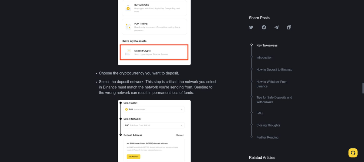 Binance Academy 充值指南中选择充值网络并保持发送与接收网络一致的说明