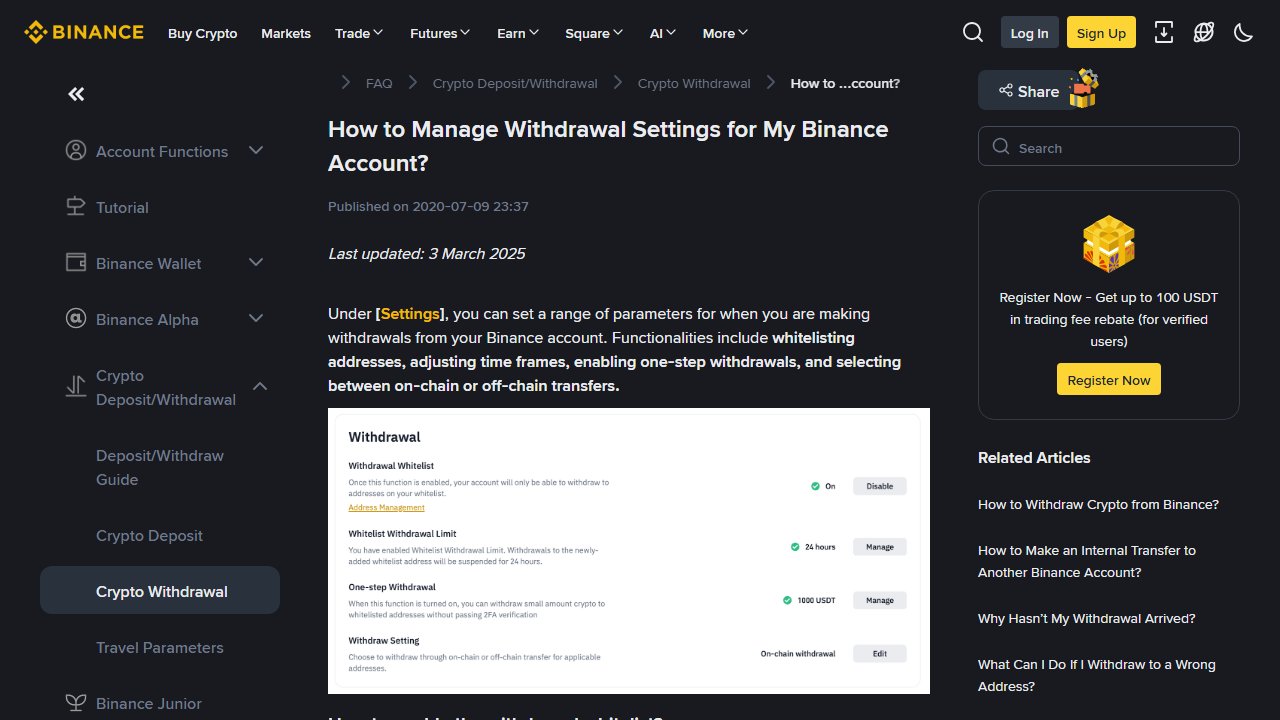 binance.com official page screenshot: How to Manage Withdrawal Settings for My Binance Account?